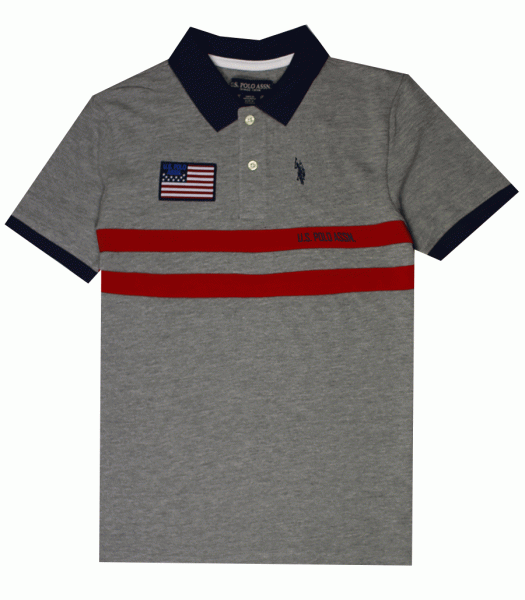 Us Polo Assn Grey With Red Stripe And Navy Collar Us Flag Polo Shirt